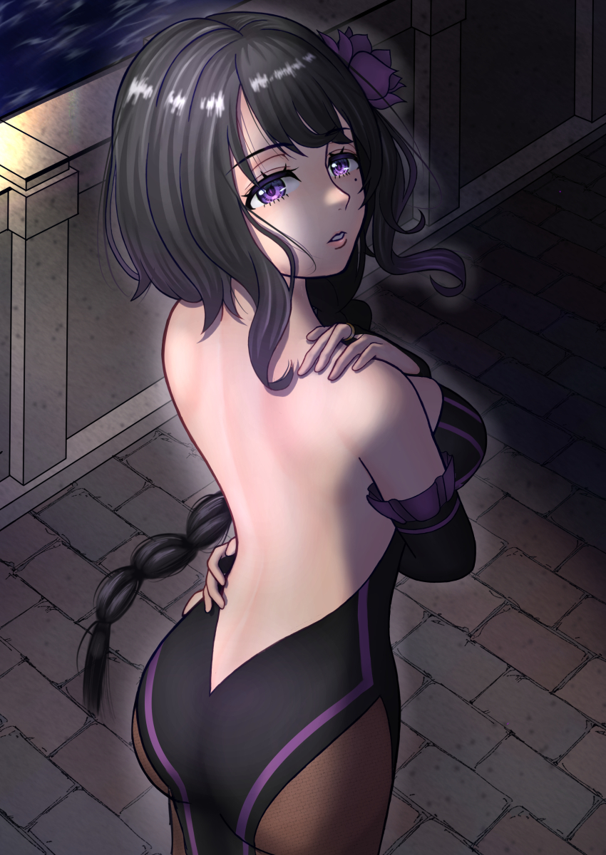1girl absurdres ass back backless_dress backless_outfit black_dress braid braided_ponytail breasts bridal_gauntlets brown_pantyhose detached_sleeves dress elsa_granhilte flower frilled_sleeves frills hair_flower hair_ornament highres large_breasts long_hair looking_at_viewer looking_back mole mole_under_eye pantyhose purple_flower purple_rose re:zero_kara_hajimeru_isekai_seikatsu revealing_clothes rose solo
