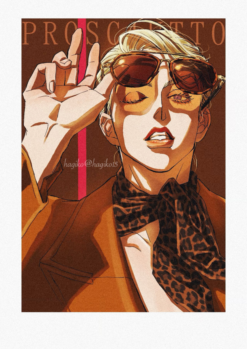 1boy aegyo_sal animal_print arm_up artist_name blonde_hair border brown_background brown_jacket brown_theme character_name collarbone eyewear_lift hagiko15 highres jacket jojo_no_kimyou_na_bouken leopard_print lone_nape_hair long_sleeves male_focus one_eye_closed print_eyewear prosciutto purple_eyes red_lips scarf short_hair solo twitter_username vento_aureo white_border