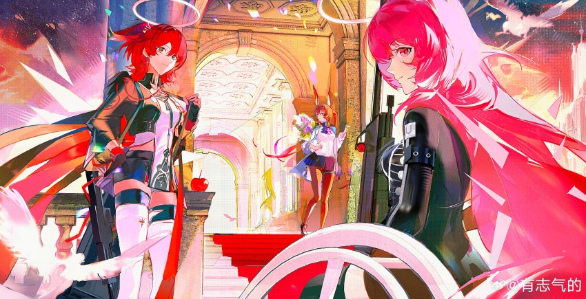 3girls absurdres amiya_(arknights) animal_ears arknights ascot black_gloves black_jacket black_shorts black_skirt bouquet brown_hair brown_pantyhose chinese_commentary closed_mouth commentary_request earrings exusiai_(arknights) exusiai_the_new_covenant_(arknights) fingerless_gloves flower gloves grey_eyes gun hair_between_eyes halo hand_on_own_hip highres holding holding_bouquet jacket jewelry lemuen_(arknights) light_particles light_smile long_hair long_sleeves looking_at_viewer medium_hair miniskirt multiple_girls pantyhose pink_eyes pink_hair profile purple_ascot red_hair shirt short_shorts shorts siblings sisters skirt stairs standing thighhighs traditional_halo watermark weapon weibo_watermark white_halo white_shirt white_thighhighs you_zhiqi_de