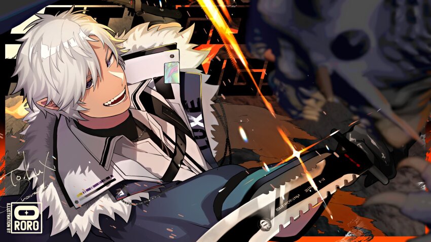 1boy artist_logo bishounen black_shirt chain character_name coat from_side glint grey_coat grey_hair hair_between_eyes highres holding holding_sword holding_weapon indie_virtual_youtuber logo looking_at_viewer male_focus melorius_lux monster ororooops pointy_ears purple_eyes shirt short_hair solo sword sword_writing teeth virtual_youtuber weapon white_coat