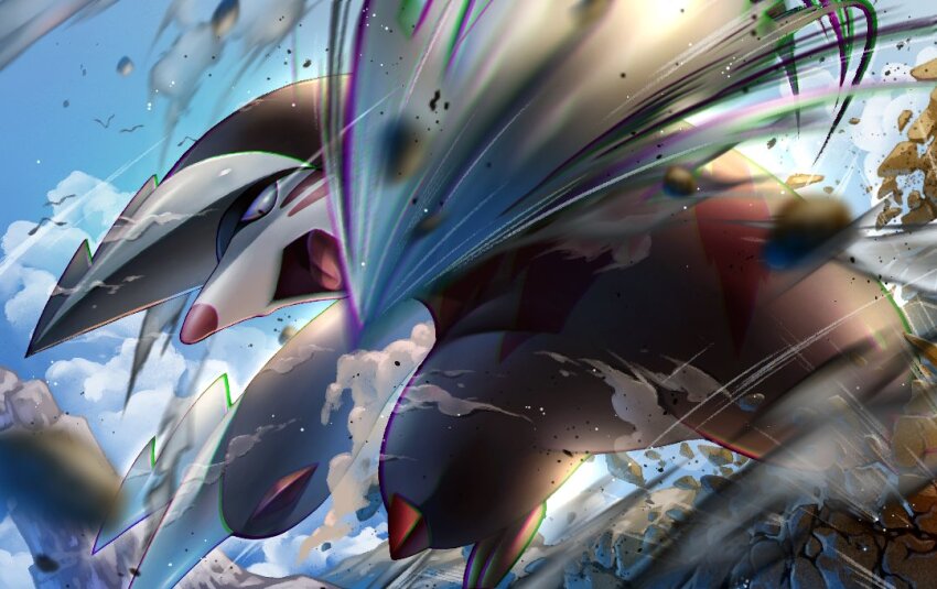8686island animal_focus blue_sky chromatic_aberration claws cloud day debris dirt dust excadrill gen_5_pokemon motion_blur nintendo no_humans open_mouth outdoors pokemon pokemon_(creature) simple_bird sky solo