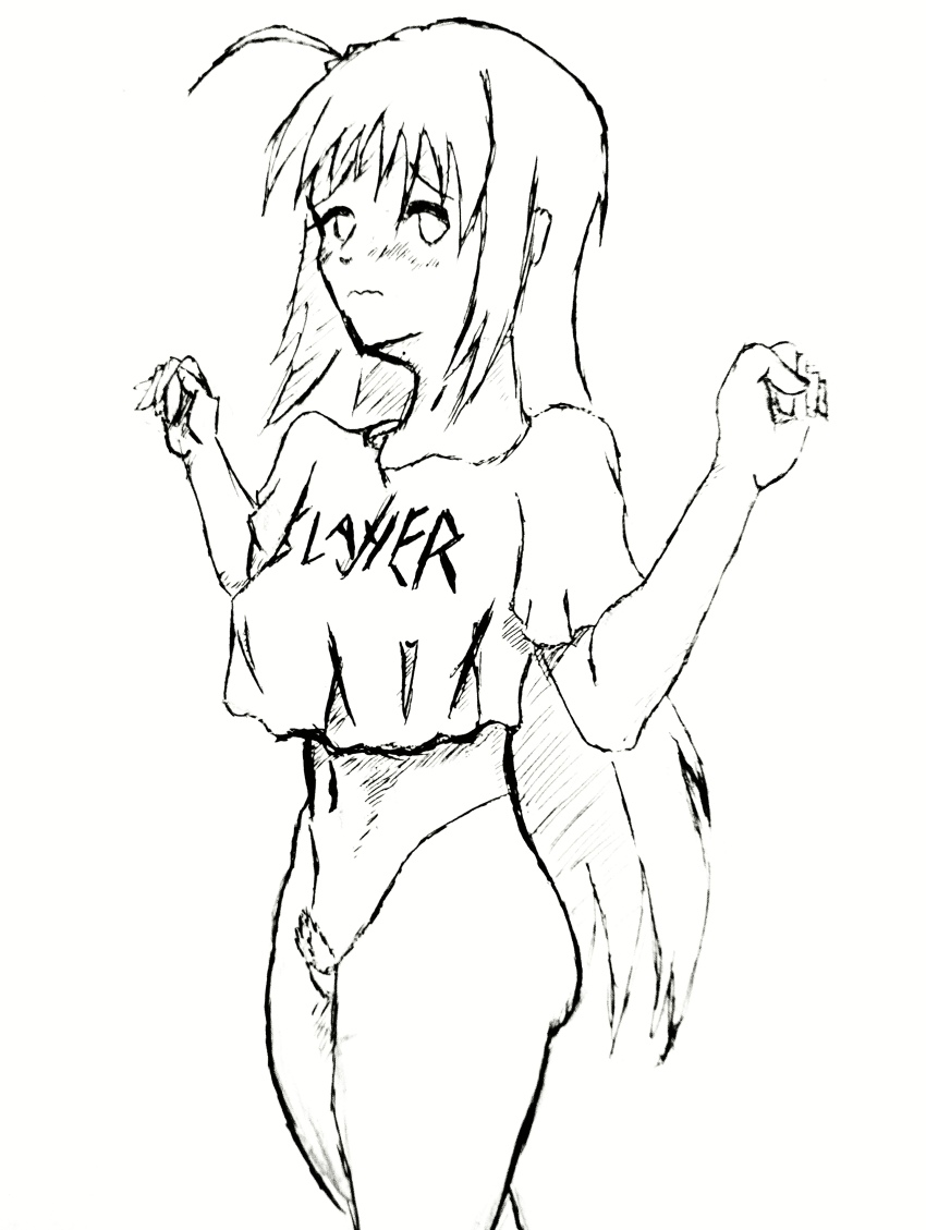 1girl absurdres amateur_artist band_logo belly blush bocchi_the_rock! gotoh_hitori hands_up highres long_hair loose_clothes loose_shirt monochrome nipples_visible_through_shirt panties pen_(medium) pubic_hair shirt short_shirt slayer_(band) t-shirt traditional_media underwear white_background