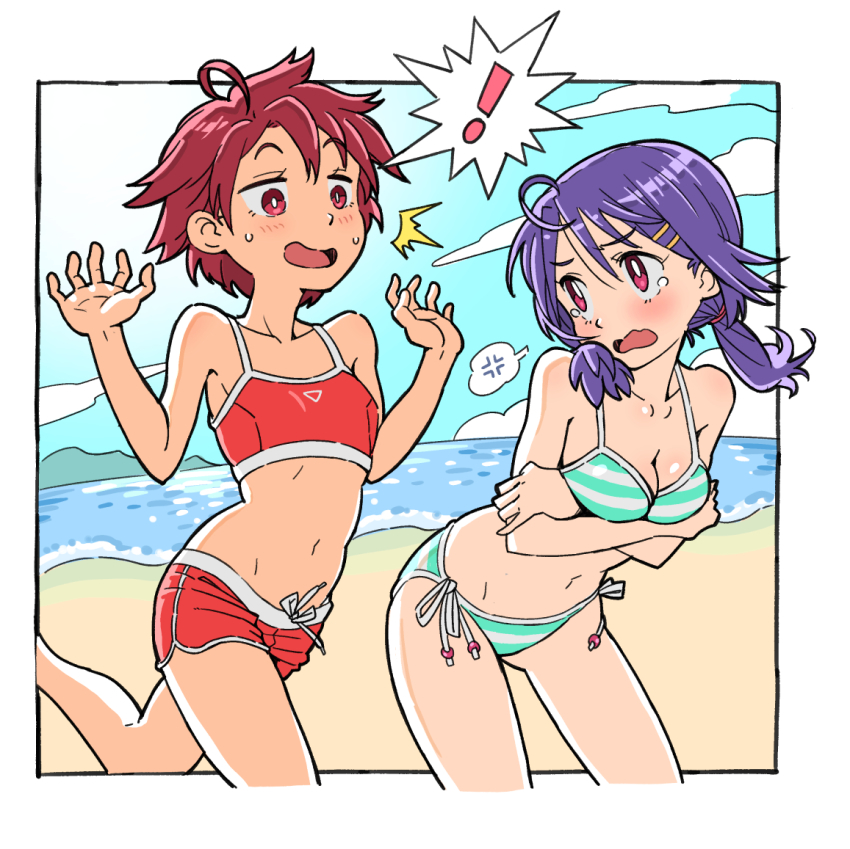 ! 2girls ahoge anger_vein beach bikini blush day jitsusan low_twintails multiple_girls ocean original outdoors purple_hair red_hair short_hair side-tie_bikini_bottom spoken_anger_vein spoken_exclamation_mark striped_bikini striped_clothes swimsuit twintails