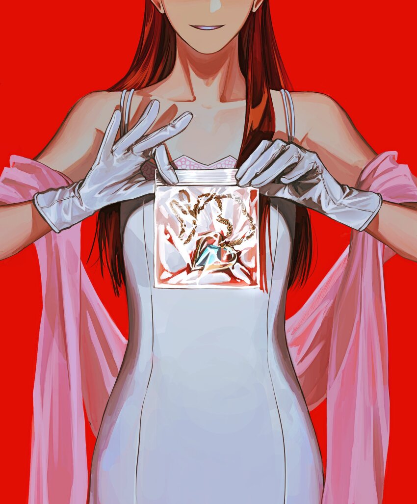 1girl ace_attorney bag collarbone commentary_request dahlia_hawthorne dress evil_smile eyes_out_of_frame gloves hair_over_shoulder hands_up head_out_of_frame heart_pendant highres holding holding_bag korean_commentary long_hair parted_lips phoenix_wright:_ace_attorney_-_trials_and_tribulations pink_shawl plastic_bag red_background red_hair saman_zero7 see-through_clothes see-through_shawl shawl simple_background sleeveless sleeveless_dress smile solo straight-on upper_body white_dress white_gloves