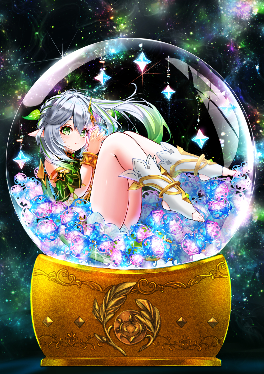 1girl absurdres commentary_request dendro_symbol_(genshin_impact) full_body genshin_impact gradient_hair green_eyes green_hair hair_between_eyes hair_ornament han_(riyonosyumi) highres holding intertwined_fate leaf_hair_ornament long_hair multicolored_hair nahida_(genshin_impact) pointy_ears primogem side_ponytail sitting solo star-shaped_pupils star_(symbol) stirrup_legwear symbol-shaped_pupils toeless_legwear toes white_hair
