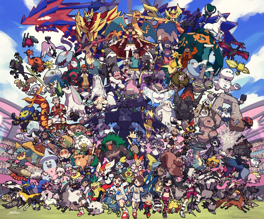 6+boys 6+girls absolutely_everyone absurdres alcremie alcremie_(strawberry_sweet) allister_(pokemon) appletun applin arctovish arctozolt arrokuda audience avery_(pokemon) barraskewda bea_(pokemon) bede_(pokemon) blipbug blue_sky boltund calyrex carkol centiskorch charizard chewtle cinderace clobbopus cloud coalossal copperajah corviknight corvisquire cramorant cufant cursola dottler dracovish dracozolt dragapult drakloak drednaw dreepy drizzile dubwool duraludon eiscue eiscue_(ice) eldegoss eternatus everyone falinks flame-tipped_tail flapple frosmoth galarian_articuno galarian_corsola galarian_darmanitan galarian_darmanitan_(standard) galarian_darumaka galarian_farfetch&#039;d galarian_form galarian_linoone galarian_meowth galarian_moltres galarian_mr._mime galarian_ponyta galarian_rapidash galarian_slowbro galarian_slowking galarian_slowpoke galarian_stunfisk galarian_weezing galarian_yamask galarian_zapdos galarian_zigzagoon game_freak gen_1_pokemon gen_4_pokemon gen_8_pokemon glastrier gloria_(pokemon) gordie_(pokemon) gossifleur grapploct greedent grimmsnarl grookey hatenna hatterene hattrem highres hop_(pokemon) impidimp indeedee indeedee_(female) indeedee_(male) inteleon kabu_(pokemon) klara_(pokemon) kubfu legendary_pokemon leon_(pokemon) makoto_ikemu marnie_(pokemon) melony_(pokemon) milcery milo_(pokemon) mime_jr. morgrem morpeko morpeko_(full) mr._rime multiple_boys multiple_girls mustard_(pokemon) mythical_pokemon nessa_(pokemon) nickit nintendo obstagoon opal_(pokemon) orbeetle peony_(pokemon) perrserker piers_(pokemon) pincurchin pokemon pokemon_(creature) pokemon_swsh polteageist raboot raihan_(pokemon) regidrago regieleki rillaboom rolycoly rookidee runerigus sandaconda scorbunny silicobra sinistea sirfetch&#039;d sizzlipede skwovet sky snom sobble spectrier sportswear stadium stonjourner thievul thwackey toxel toxtricity toxtricity_(amped) toxtricity_(low_key) urshifu urshifu_(rapid) urshifu_(single) victor_(pokemon) wooloo yamper zacian zacian_(crowned) zamazenta zamazenta_(crowned) zarude