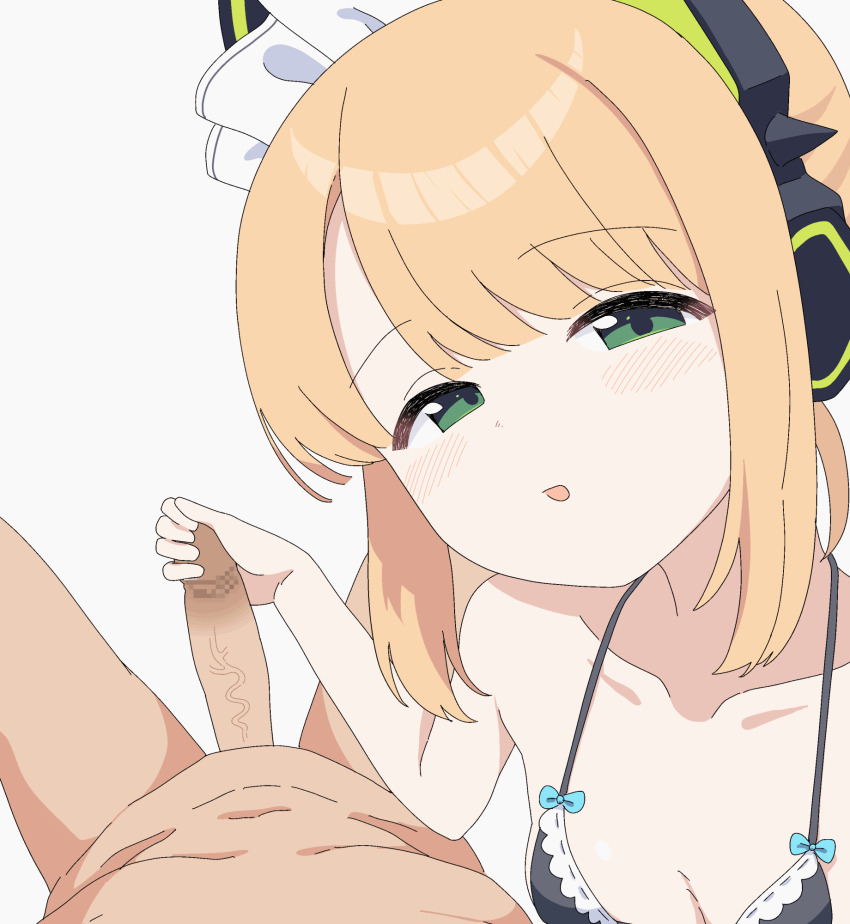 1boy 1girl animal_ear_headphones animal_ears animated animated_gif black_bra blinking blonde_hair blue_archive bra cat_ear_headphones censored erection fake_animal_ears glansjob green_eyes handjob headphones hetero highres light_blush looking_at_viewer midori_(blue_archive) mosaic_censoring open_mouth penis pov simple_background solo_focus tenuwi underwear white_background