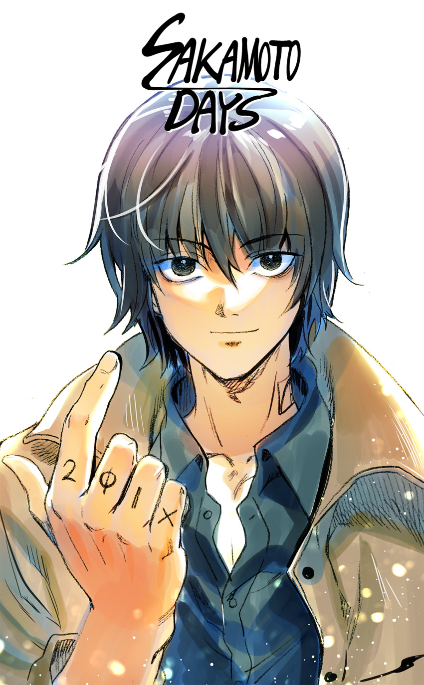 1boy bae_(baebae) black_eyes black_hair black_shirt brown_coat coat copyright_name finger_tattoo hair_between_eyes highres index_finger_raised looking_at_viewer male_focus nagumo_(sakamoto_days) neck_tattoo portrait sakamoto_days shirt solo tattoo white_background