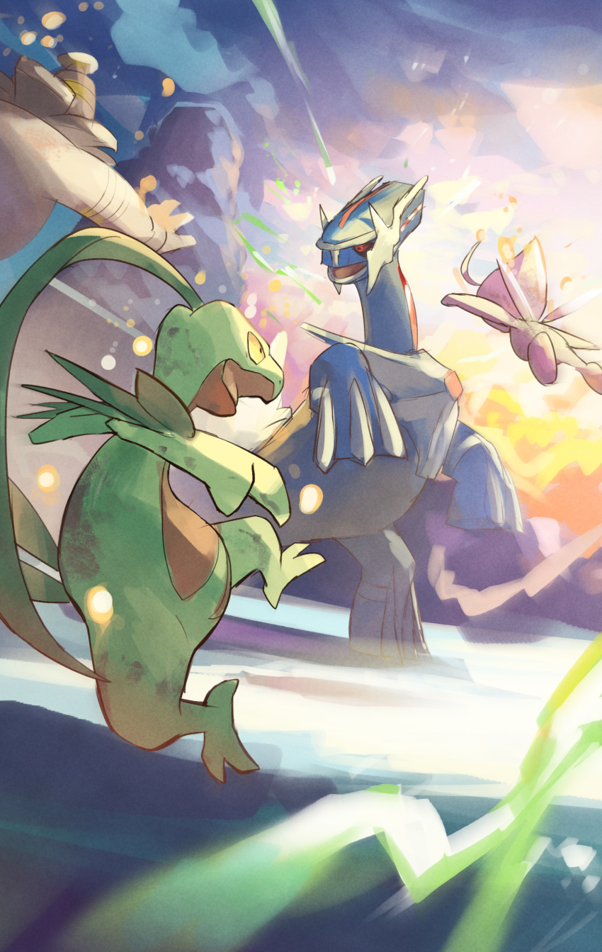 alternate_color celebi commentary_request dialga dusknoir fairy_wings floating gen_2_pokemon gen_3_pokemon gen_4_pokemon grovyle highres legendary_pokemon mythical_pokemon nintendo no_humans open_mouth pokemon pokemon_(creature) pokemon_mystery_dungeon pokemon_mystery_dungeon:_explorers_of_time/darkness/sky primal_dialga red_eyes shiny_pokemon sunlight wings yamaori_(hakkentai_pokedan) yellow_eyes
