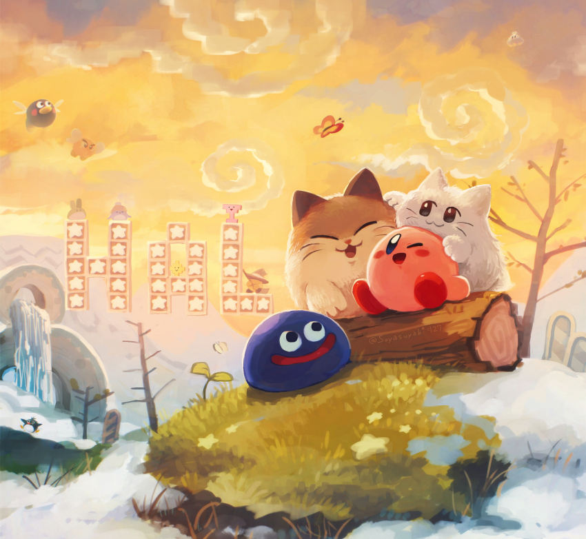 :3 :d ;d ^_^ artist_name bare_tree black_eyes blue_eyes blush blush_stickers bronto_burt broom_hatter bug butterfly cat closed_eyes cloud cloudy_sky commentary_request corori emp_(kirby) flying gooey_(kirby) grass hal_laboratory hb-002 hb-007 highres hill hug hug_from_behind insect kirby kirby_(series) koozer log looking_at_another morpho_knight_(butterfly) mountain nago_(kirby) nintendo no_humans one_eye_closed open_mouth plant polof shiro_(kirby) sitting sitting_on_log sky smile snow sprout star_(symbol) star_block sunset suyasuyabi tree twitter_username ufo ufo_(kirby) v-shaped_eyebrows water waterfall yellow_butterfly yellow_sky