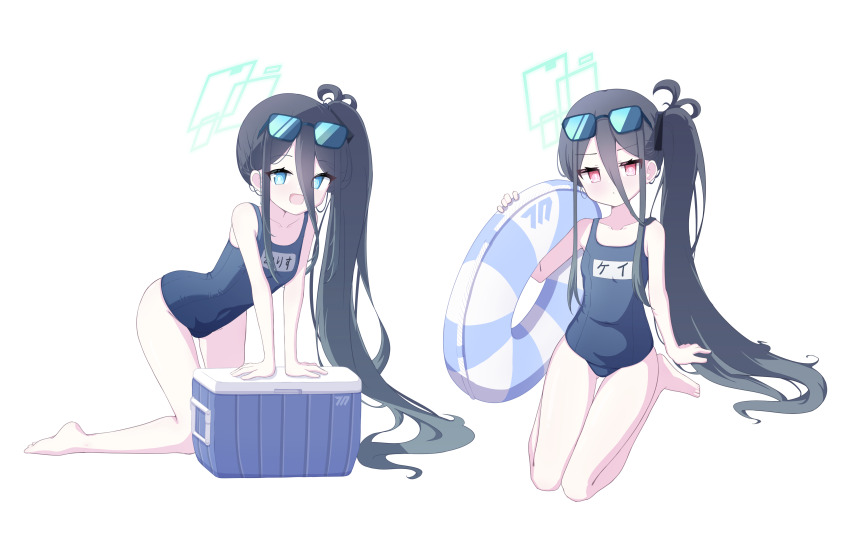 kei_(blue_archive) 2girls 525_woiwo absurdly_long_hair absurdres aris_(blue_archive) bare_arms bare_legs bare_shoulders barefoot black_hair black_one-piece_swimsuit blue_archive blue_eyes blush breasts closed_mouth collarbone eyewear_on_head green_halo halo highres innertube long_hair looking_at_viewer multiple_girls name_tag one-piece_swimsuit open_mouth red_eyes school_swimsuit side_ponytail simple_background small_breasts smile sunglasses swim_ring swimsuit very_long_hair white_background