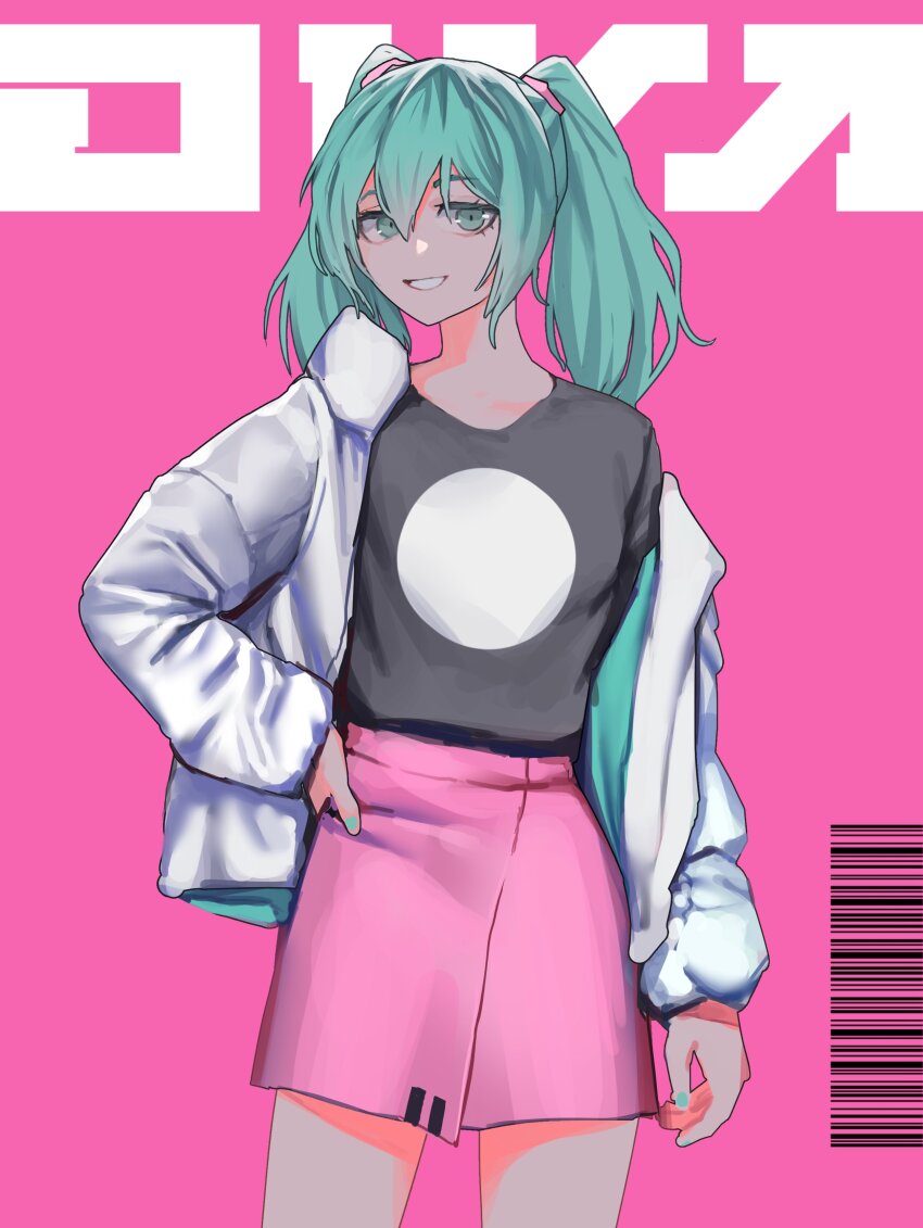1girl absurdres aqua_eyes aqua_hair aqua_jacket aqua_nails arm_at_side barcode black_shirt blue_eyes blue_hair blue_nails breasts circle collared_jacket commentary contrapposto cover cowboy_shot curled_fingers down_jacket english_commentary english_text eyebrows_hidden_by_hair fake_cover fake_magazine_cover grin hair_between_eyes hair_tie half-closed_eyes hand_on_own_hip hatsune_miku high-waist_skirt highres jacket long_eyelashes long_hair long_sleeves looking_at_viewer magazine_cover miniskirt open_clothes open_jacket parted_bangs pink_background pink_skirt print_shirt puffy_sleeves raised_eyebrows shirt shirt_tucked_in sidelocks single_off_shoulder skirt small_breasts smile solo straight-on t-shirt teeth text_background thick_eyelashes thighs twintails two-sided_fabric two-sided_jacket vertigris vocaloid white_jacket