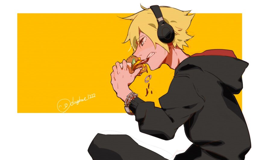 1boy bito_daisukenojo black_hoodie black_pants blonde_hair bracelet burger chain chain_bracelet eating eyebrows_hidden_by_hair food headphones holding holding_food hood hoodie jewelry male_focus pants shin_subarashiki_kono_sekai solo solo_focus subarashiki_kono_sekai
