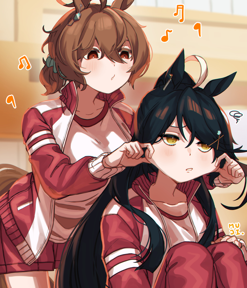 absurdres agnes_tachyon_(umamusume) ahoge artist_name black_hair blush brown_hair cheek_pull chemical_structure collar ear_tag earrings green_scrunchie hair_between_eyes hair_ornament hair_scrunchie highres jacket jewelry long_hair long_sleeves looking_at_another manhattan_cafe_(umamusume) mujintou_png multicolored_hair open_clothes open_jacket red_eyes red_jacket red_shorts scrunchie shirt shorts side_ponytail single_earring squiggle swept_bangs track_jacket umamusume very_long_hair whistling white_hair white_shirt yellow_eyes