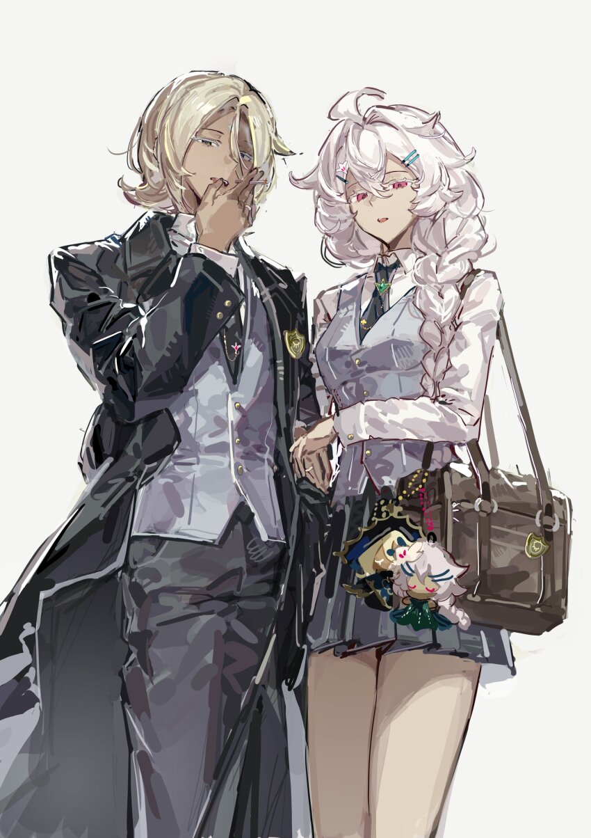 1boy 1girl ahoge blonde_hair braid character_doll cookie_run cookie_run:_kingdom crossed_bangs dark-skinned_male dark_skin doll f4d1a6 from_below hair_ornament hairclip highres long_hair looking_at_viewer open_mouth pink_eyes pure_vanilla_cookie pure_vanilla_cookie_(truthless_recluse) short_hair sidelocks simple_background very_long_hair white_background white_hair white_lily_cookie