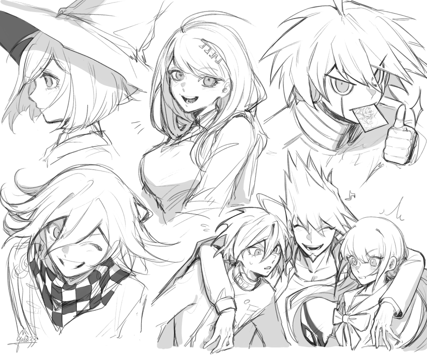 3girls 4boys :d absurdres ahoge akamatsu_kaede bow bowtie breasts checkered_neckerchief danganronpa_(series) danganronpa_v3:_killing_harmony facial_hair gaba33 goatee greyscale harukawa_maki hat highres k1-b0 large_breasts long_sleeves momota_kaito monochrome multiple_boys multiple_girls neckerchief oma_kokichi open_mouth print_shirt saihara_shuichi sailor_collar shirt short_hair smile spiked_hair sweater_vest teeth thumbs_up witch_hat yumeno_himiko