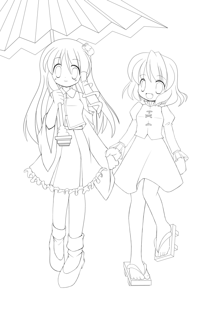 2girls absurdres female_focus greyscale holding_hands highres kochiya_sanae lineart long_hair monochrome multiple_girls short_hair smile sou_ryuu tatara_kogasa touhou