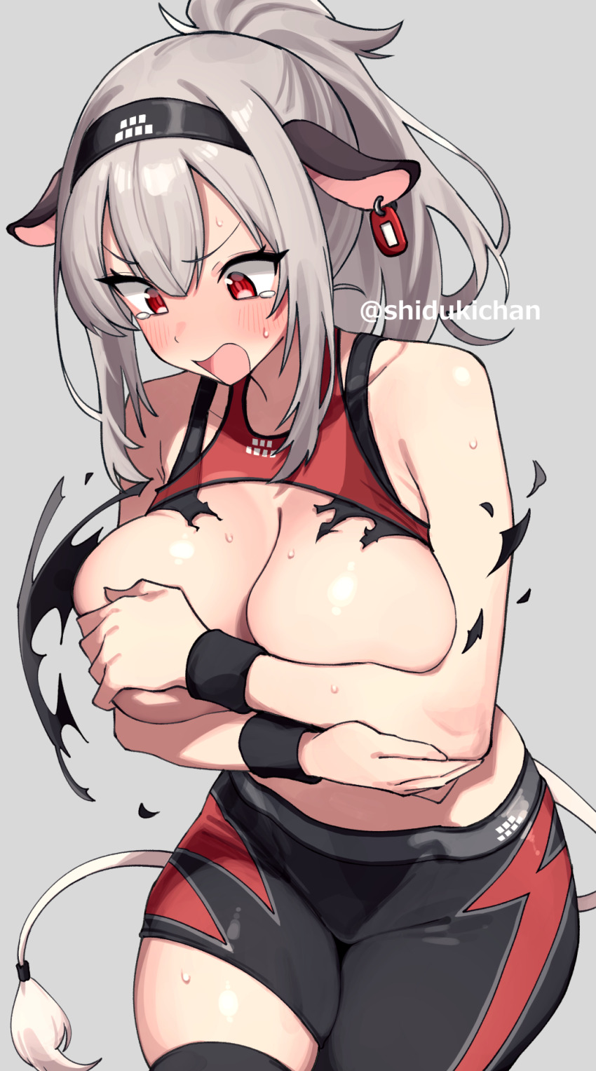 1girl animal_ears artist_name bare_shoulders beatmania_iidx bemani black_hairband black_shorts black_thighhighs blush breasts breasts_out character_request covering_breasts covering_privates cow_ears cow_girl cow_tail cowboy_shot embarrassed exploding_clothes grey_background grey_hair hairband highres long_hair looking_down open_mouth ponytail red_eyes shigatsu_shizuki shorts simple_background solo sweatband tail tearing_up tears thighhighs twitter_username v-shaped_eyebrows