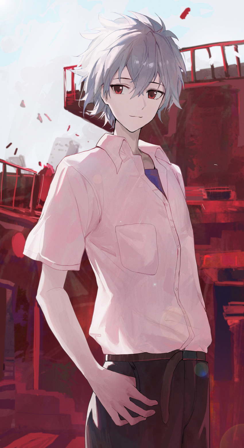 1boy absurdres belt black_pants blue_undershirt closed_mouth collared_shirt commentary_request cowboy_shot grey_hair hair_between_eyes highres jianjia light_smile looking_at_viewer male_focus nagisa_kaworu neon_genesis_evangelion outdoors pants red_eyes school_uniform shirt short_hair short_sleeves solo undershirt white_shirt
