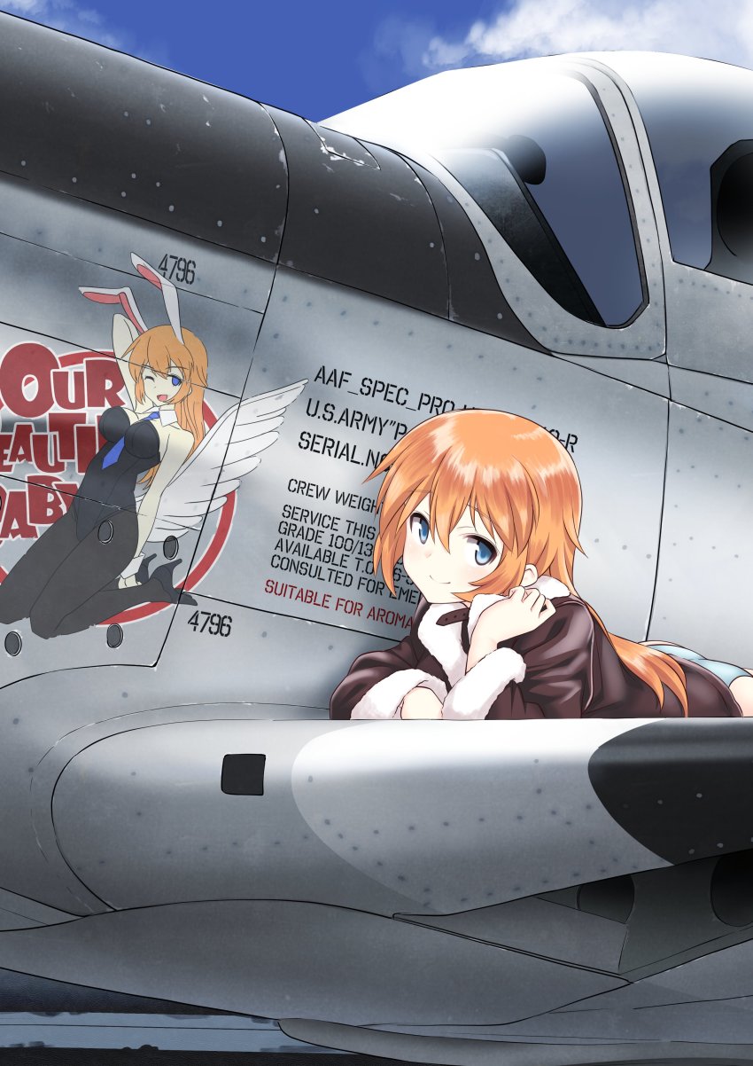 1girl ;d a9b_(louis814) absurdres aircraft airplane angel_wings animal_ears arm_behind_head arm_up between_breasts black_footwear black_leotard black_pantyhose blue_necktie blue_panties breasts brown_jacket charlotte_e._yeager closed_mouth collar detached_collar english_text escort_fighter fake_animal_ears female_focus hand_in_own_hair high_heels highres jacket leotard long_hair long_sleeves looking_at_viewer military military_vehicle necktie no_pants nose_art one_eye_closed open_mouth orange_hair p-51_mustang panties pantyhose playboy_bunny propeller_fighter rabbit_ears smile solo strike_witches underwear white_collar white_wings wing_collar wings world_witches_series wrist_cuffs