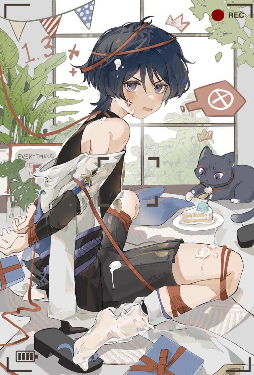 1boy ^^^ anger_vein animalization annoyed armor arms_behind_back artistic_error belt birthday black_belt black_bodysuit black_hair black_sandals black_shorts blue_rope blunt_ends blush bodysuit bound bound_wrists box bunting cake cake_slice cream cream_on_clothes cream_on_face dated english_text eyelashes eyeliner eyeshadow food food_on_face frown furisode genshin_impact gift gift_box hakama hakama_shorts highres ice_cream indoors japanese_armor japanese_clothes kimono kote kurokote makeup male_focus off_shoulder open_hands open_mouth person_and_animalization plant plate pleated_shorts purple_eyes purple_rope purple_sash red_eyeliner red_eyeshadow red_ribbon ribbon ribbon_around_body ribbon_around_head rope sandals sash scaramouche_(cat)_(genshin_impact) scaramouche_(genshin_impact) shibari shibari_over_clothes shimianaya short_sleeves shorts sitting socks solo spoken_x unworn_sandals v-shaped_eyebrows viewfinder wanderer_(genshin_impact) wariza white_kimono white_sleeves white_socks wispy_bangs zouri