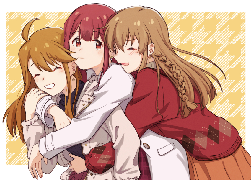 3girls ahoge blush border braid brown_hair closed_eyes closed_mouth earrings girl_sandwich grin highres hug hug_from_behind idolmaster idolmaster_million_live! jacket jewelry kousaka_umi long_hair long_sleeves multiple_girls niboshi_(1846525664) open_clothes open_jacket open_mouth orange_skirt outside_border red_eyes red_hair red_sweater sandwiched skirt smile sweater tanaka_kotoha tokoro_megumi white_border