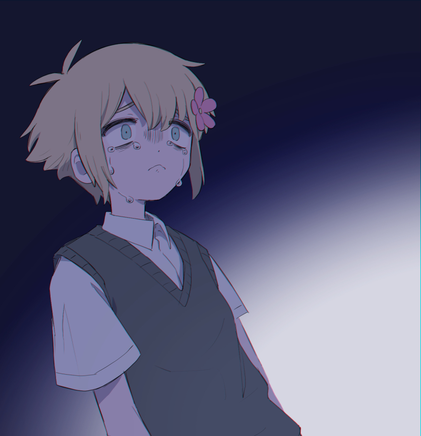 1boy basil_(faraway)_(omori) basil_(omori) blonde_hair blue_eyes closed_mouth collared_shirt crying crying_with_eyes_open flower green_sweater_vest hair_flower hair_ornament highres male_focus miranosub omori shirt short_hair short_sleeves solo sweater_vest tears upper_body white_shirt