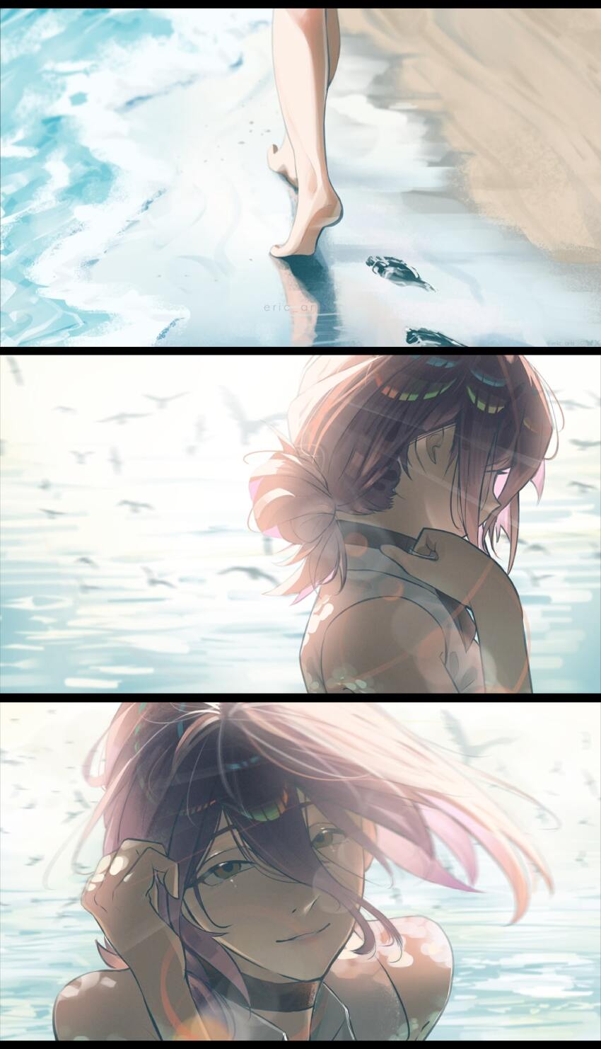 1girl barefoot beach black_choker chainsaw_man choker day eric_tran feet footprints green_eyes hair_between_eyes hair_bun highres looking_at_viewer ocean outdoors purple_hair reze_(chainsaw_man) sand shirt simple_bird sleeveless sleeveless_shirt smile white_shirt