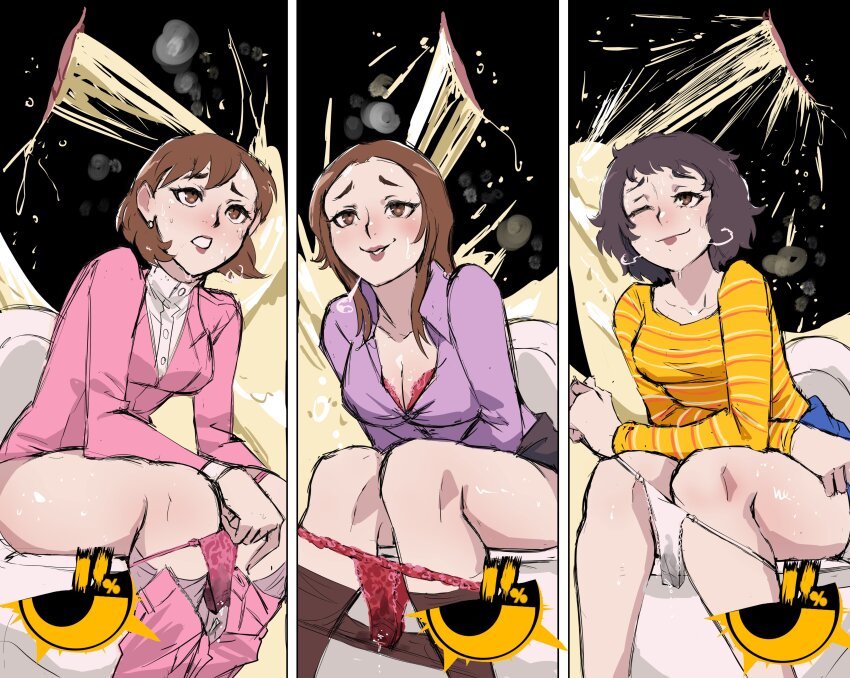 3girls 3koma absurdres atlus biku black_hair black_skirt blue_skirt bra bra_peek breasts brown_eyes brown_hair cleavage clothes_lift clothes_pull comic female_focus highres kashiwagi_noriko kawakami_sadayo long_sleeves multiple_girls one_eye_closed open_fly panties pants pants_pull panty_pull pantyhose pantyhose_pull pee peeing persona persona_3 persona_3_reload persona_4 persona_5 pink_panties pink_pants red_bra red_panties relief shirt short_hair skirt skirt_lift stained_panties striped_clothes striped_shirt sweat teacher toilet_use toriumi_isako underwear urine_meter wet wet_clothes wet_panties wet_pantyhose white_panties