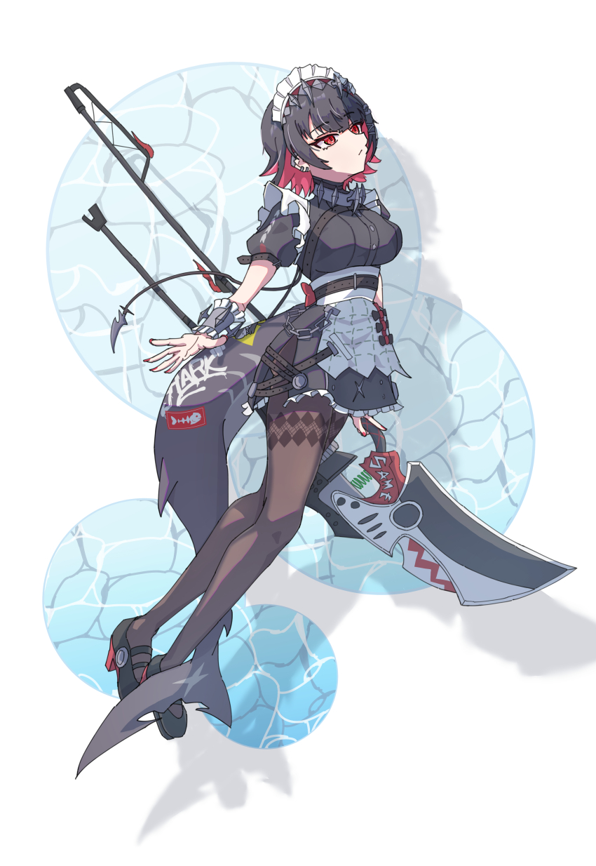 1girl absurdres apron black_hair black_pantyhose breasts closed_mouth colored_inner_hair commentary_request ellen_joe fins fish_tail frilled_apron frilled_hairband frilled_wrist_cuffs frills full_body hairband high_heels highres holding holding_scissors holding_weapon large_breasts looking_up maid maid_apron maid_headdress multicolored_hair pantyhose puffy_short_sleeves puffy_sleeves red_eyes red_hair red_nails scissors shark_girl shark_tail short_sleeves solo tail tobanjan_janjan waist_apron weapon white_apron white_wrist_cuffs wrist_cuffs zenless_zone_zero