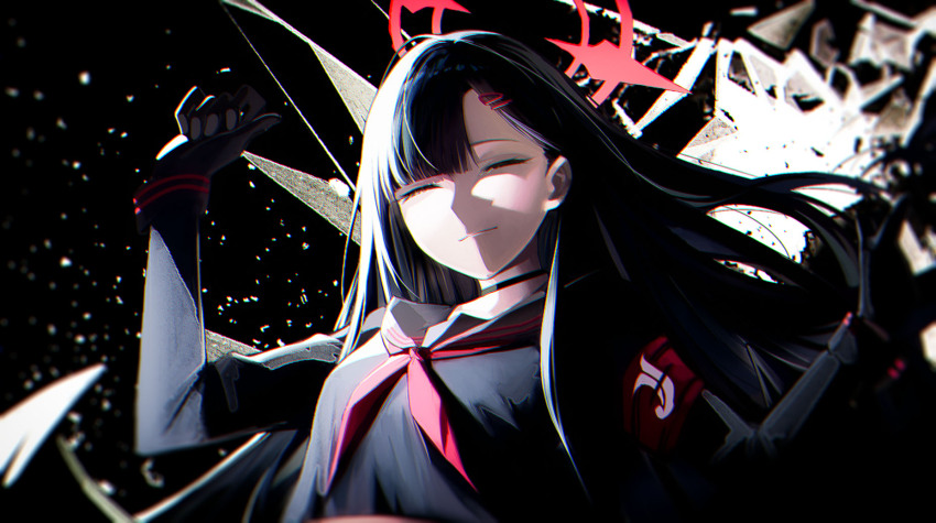 1girl armband black_choker black_gloves black_sailor_collar black_serafuku blue_archive choker closed_eyes closed_mouth gloves hair_ornament hairclip halo highres ichika_(blue_archive) long_hair neckerchief red_armband red_halo red_neckerchief sailor_collar school_uniform serafuku solo wo_chi_xiangjiao_pi