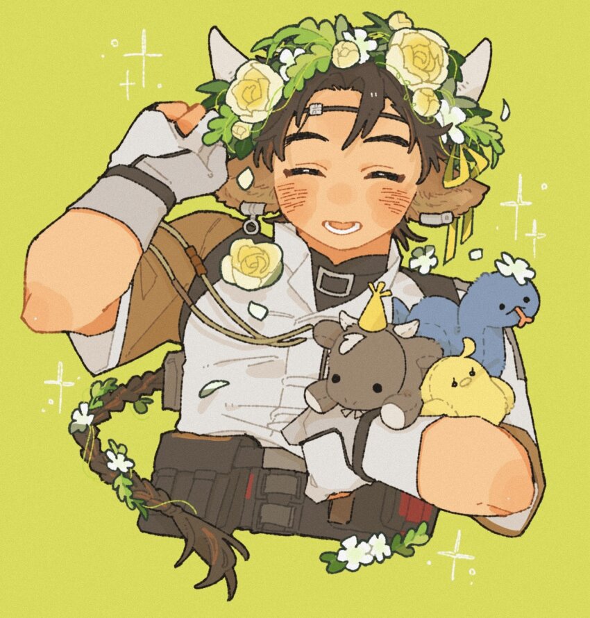 1boy animal_ears arknights blush braid closed_eyes cow_boy cow_ears cow_horns flower head_wreath highres horns male_focus mixed-language_commentary nigeba_(eb_dkw) open_mouth smile stuffed_animal stuffed_toy upper_body wan_qing_(arknights) yellow_background