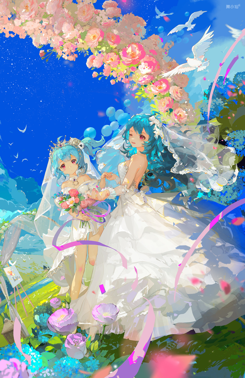 2girls arch balloon bare_legs bare_shoulders bili_girl_22 bili_girl_33 bilibili bird blue_hair blue_sky bouquet bow bridal_veil bride building bush choker closed_mouth cloud copyright_notice couple curtains day detached_sleeves dove dress dutch_angle easel female_focus flower frilled_sleeves frills full_body gown grass grey_tiara hair_bow halter_dress halterneck happy highres holding holding_bouquet holding_hands lace-trimmed_veil lace_trim lake light_blush long_dress long_hair long_sleeves messy_hair multiple_girls nail_polish o-ring o-ring_choker off-shoulder_dress off_shoulder one_eye_closed open_mouth outdoors petals pink_eyes pink_flower pink_nails puffy_short_sleeves puffy_sleeves purple_flower scenery see-through_clothes see-through_sleeves see-through_veil short_dress short_sleeves side_ponytail sky sleeve_bow smile streamers tiara veil very_long_hair wedding wedding_dress white_bow white_choker white_dress white_flower white_sleeves white_veil wife_and_wife wu_xiao_xian yuri