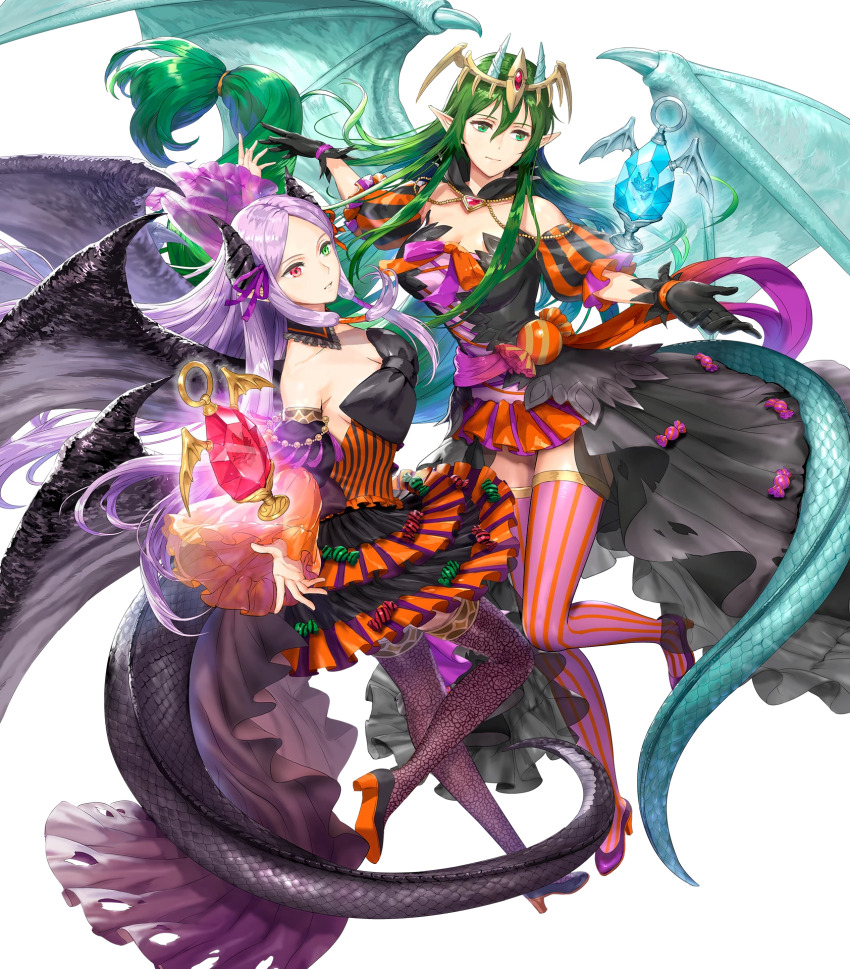 2girls alternate_costume black_gloves breasts cleavage costume dragon_girl dragon_tail dragon_wings dress female_focus fire_emblem fire_emblem:_new_mystery_of_the_emblem fire_emblem:_shadow_dragon fire_emblem:_the_binding_blade fire_emblem_heroes frilled_dress frilled_skirt frills gloves green_eyes green_hair halloween halloween_costume heterochromia high_heels highres idunn_(fire_emblem) idunn_(halloween)_(fire_emblem) in-franchise_crossover large_breasts long_hair matching_hair/eyes multiple_girls nagi_(fire_emblem) nagi_(halloween)_(fire_emblem) nintendo non-web_source official_alternate_costume official_art pointy_ears red_eyes skirt smile striped_clothes striped_thighhighs tail thighhighs trait_connection wings zettai_ryouiki