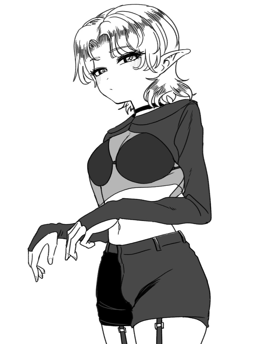 1girl alternate_costume blush bra breasts choker closed_mouth commentary_request cowboy_shot crop_top garter_straps gloved_sleeves greyscale highres looking_at_viewer medium_breasts midriff mizuhashi_parsee monochrome navel parted_bangs pointy_ears see-through_clothes see-through_shirt shirt short_hair shorts simple_background solo touhou underwear yokozuna_iwashi