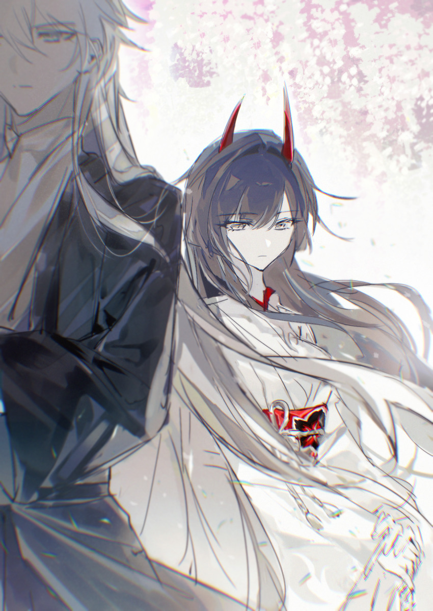 1boy 1girl acheron_(honkai:_star_rail) acheron_(izumo)_(honkai:_star_rail) asymmetrical_horns blue_eyes blurry chinese_commentary closed_mouth couple depth_of_field flower hair_between_eyes hair_over_one_eye highres holding_own_wrist honkai:_star_rail honkai_(series) horns japanese_clothes kevin_kaslana kimono long_hair long_sleeves original outdoors purple_eyes purple_hair qieazhibingjiling red_horns red_sash sash standing uneven_horns white_hair white_kimono wide_sleeves wisteria