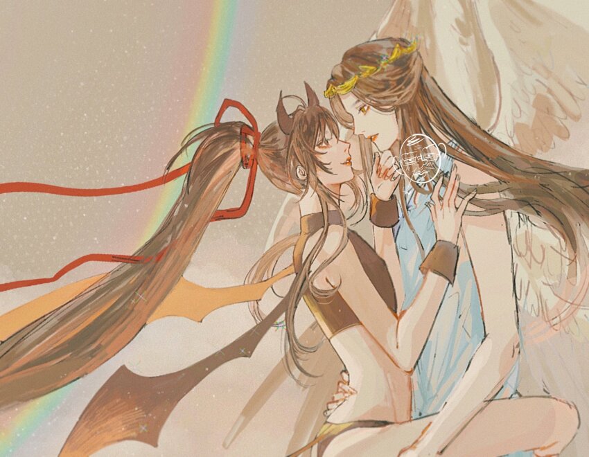 2boys ahoge alternate_costume alternate_universe angel angel_and_devil angel_wings armband bare_arms bare_legs bare_shoulders black_horns black_panties black_shirt black_wings brown_eyes brown_hair circlet couple crop_top crossdressing demon_boy demon_horns demon_tail demon_wings feathered_wings floating_hair from_side hair_ribbon hand_on_another&#039;s_back hand_on_another&#039;s_chin highres horns lan_wangji leg_lock long_hair looking_at_another looking_at_viewer male_focus midriff modao_zushi multiple_boys ojisan_rbt panties parted_lips ponytail profile rainbow red_ribbon ribbon robe shirt sidelocks sitting sleeveless sleeveless_robe sleeveless_shirt smile spread_legs standing tail trap turtleneck underwear very_long_hair watermark wei_wuxian white_robe white_wings wings yaoi yellow_eyes