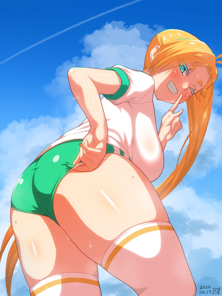 1girl absurdres ass bent_over blonde_hair blue_sky blush breasts buruma calamity_jane_(fate) fate/grand_order fate_(series) finger_to_mouth forehead green_buruma green_eyes grin guriguri_(arayotto4351) highres index_finger_raised large_breasts long_hair looking_at_viewer looking_back one_eye_closed parted_bangs shirt short_sleeves shushing side_ponytail sky smile solo sweat thighhighs thighs white_shirt white_thighhighs