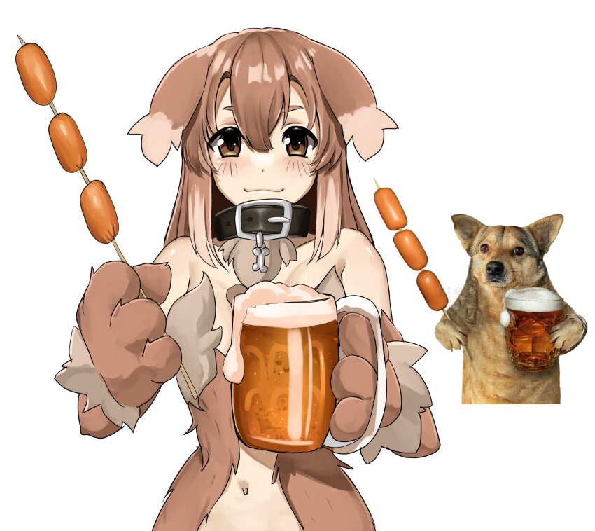 1girl :3 alcohol animal animal_ears animal_hands bare_shoulders beer beer_mug belt belt_buckle belt_collar black_belt black_collar blush body_fur brown_eyes brown_fur brown_hair buckle closed_mouth collar commentary cup dog dog_ears dog_girl dog_paws double-parted_bangs english_commentary floppy_ears foam food hair_between_eyes highres holding holding_cup holding_food holding_stick kobold_(monster_girl_encyclopedia) leiden_yaegore long_hair looking_at_viewer meat monster_girl monster_girl_encyclopedia monster_girl_encyclopedia_ii mug photo-referenced photo_inset reference_inset simple_background smile solo_focus stick straight-on upper_body white_background