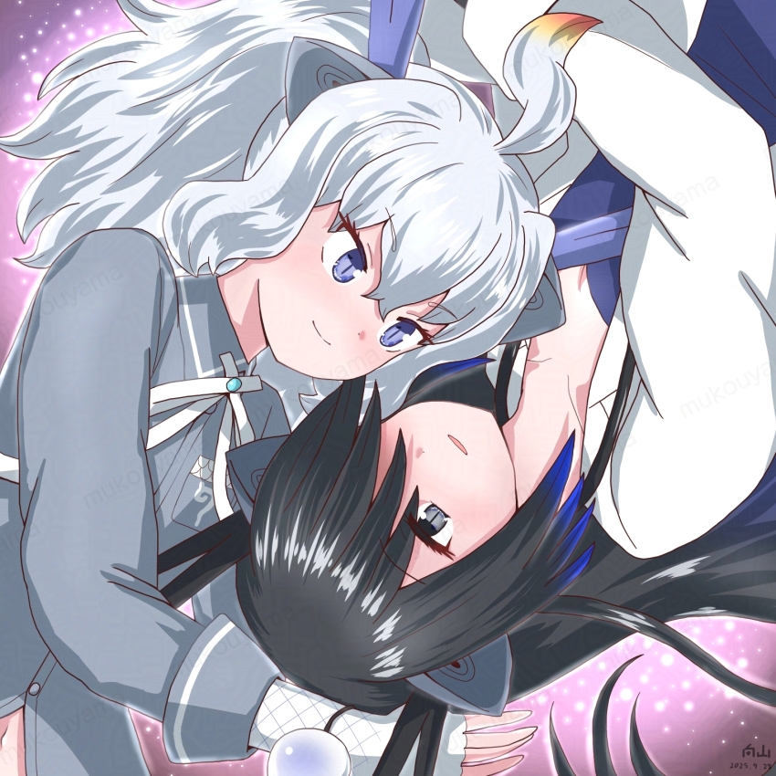 2girls animal_ears black_dragon_(kemono_friends) black_hair blue_hair bow bowtie coat collared_shirt dragon_ears dragon_girl dragon_horns fingerless_gloves fishnet_gloves fishnets gloves gradient_hair grey_eyes grey_shirt hair_between_eyes hair_over_one_eye highres horns japari_symbol kemono_friends lab_coat long_hair long_sleeves midriff_peek mukouyama_mu multicolored_hair multiple_girls navel open_clothes open_coat purple_eyes purple_shirt shirt short_hair short_twintails sidelocks slit_pupils twintails white_bow white_bowtie white_coat white_dragon_(kemono_friends) white_gloves white_hair