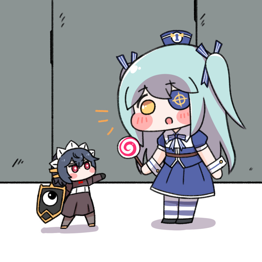 2girls aged_down alterkero aqua_hair black_hair black_wyrm_(last_origin) blush_stickers candy chibi dress eyepatch food hat highres last_origin lollipop lrl_(last_origin) maid_headdress mini_black_wyrm_(last_origin) multiple_girls no_mouth red_eyes sailor_dress sailor_hat shield striped_clothes striped_thighhighs thighhighs two_side_up wrist_cuffs yellow_eyes