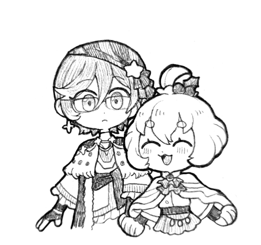 2girls :3 :d blush cantaurus chibi closed_mouth cropped_torso diagonal-striped_clothes diagonal-striped_headwear earrings fingerless_gloves frilled_sleeves frills frown glasses gloves greyscale hair_between_eyes hat_ornament headwear_request high_ponytail highres holding_hands jewelry long_sleeves looking_at_another magia_record:_mahou_shoujo_madoka_magica_gaiden mahou_shoujo_madoka_magica medium_request monochrome multiple_girls open_mouth poncho ponytail sasame_yozuru sasame_yozuru_(christmas_costume) sash sawa_sudachi sawa_sudachi_(christmas_costume) shirt short_hair simple_background skirt smile star_(symbol) star_hat_ornament striped_clothes striped_headwear thick_eyebrows white_background wide_sleeves