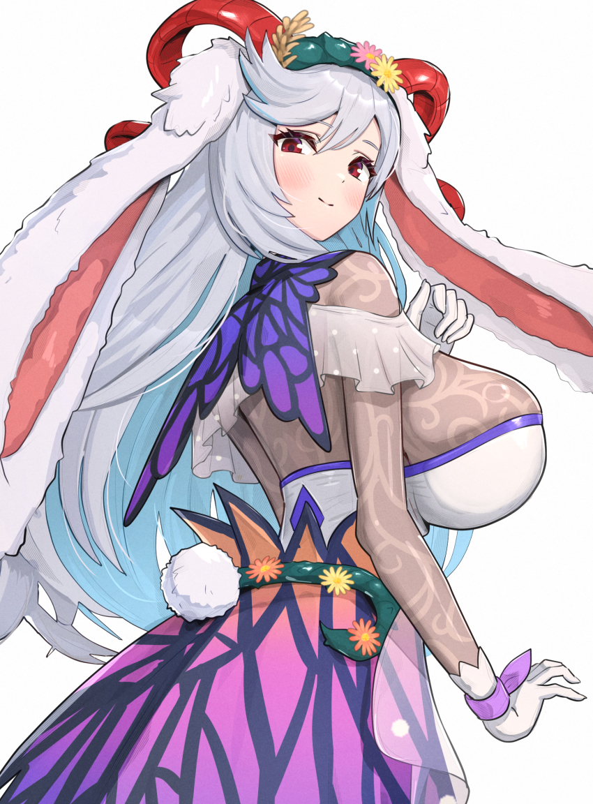 1girl absurdres animal_ears blush breasts curled_horns fake_animal_ears fire_emblem fire_emblem_heroes flower freyja_(fire_emblem) freyja_(spring)_(fire_emblem) gloves goat_horns gonzarez grey_hair hair_ornament highres horns large_breasts leotard long_hair looking_at_viewer nintendo official_alternate_costume pantyhose rabbit_ears red_eyes ribbon see-through_clothes simple_background smile solo white_background
