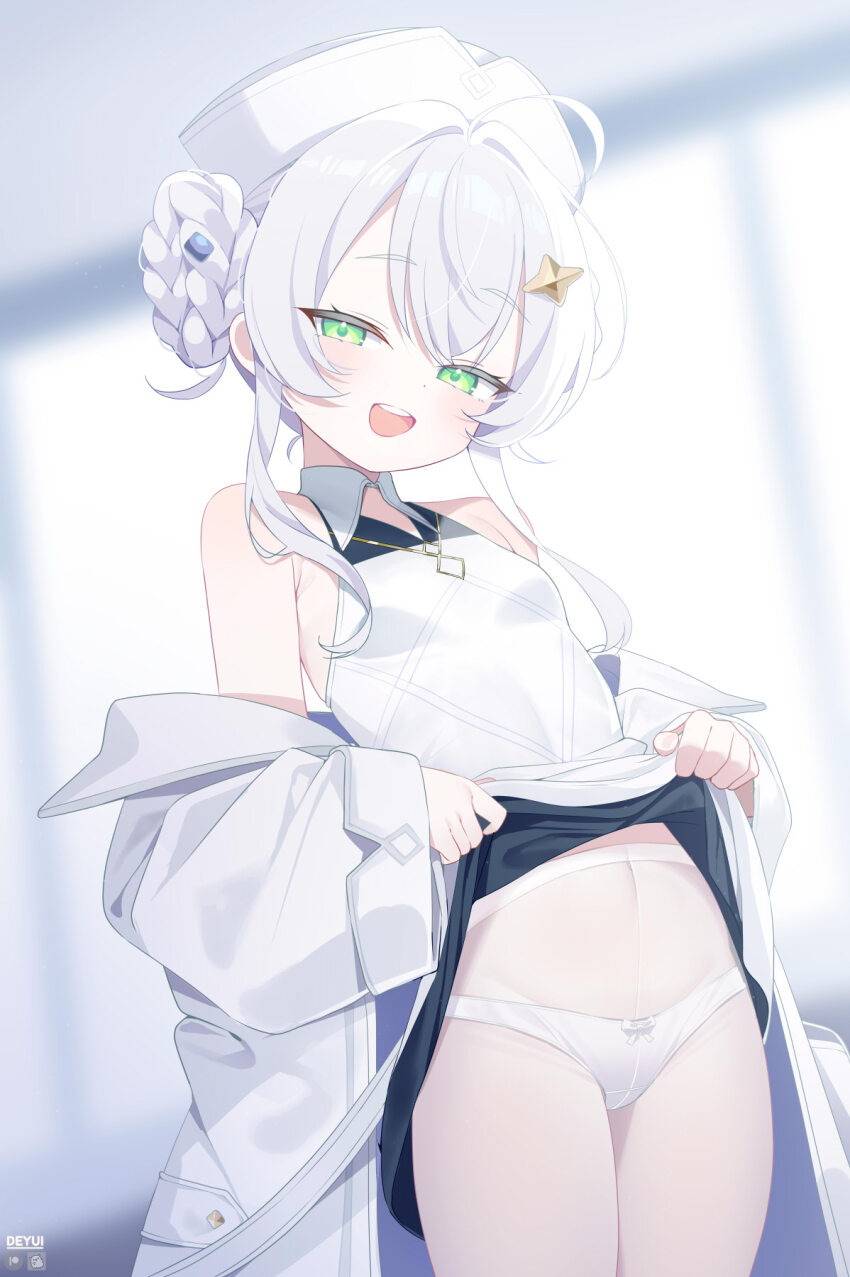 1girl :d ahoge bastelina_(stella_sora) blurry blurry_background braid braided_bun breasts clothes_lift coat collared_dress colored_eyelashes commentary crossed_bangs deyui double-parted_bangs double_bun dress dress_lift green_eyes hair_between_eyes hair_bun hair_ornament hairclip halter_dress halterneck hat highres indoors jewelry long_sidelocks looking_at_viewer navel necklace off_shoulder open_mouth panties pantyhose short_hair_with_long_locks sidelocks sleeveless sleeveless_dress small_breasts smile solo standing stella_sora teeth underwear upper_teeth_only white_coat white_dress white_eyelashes white_hair white_hat white_panties white_pantyhose
