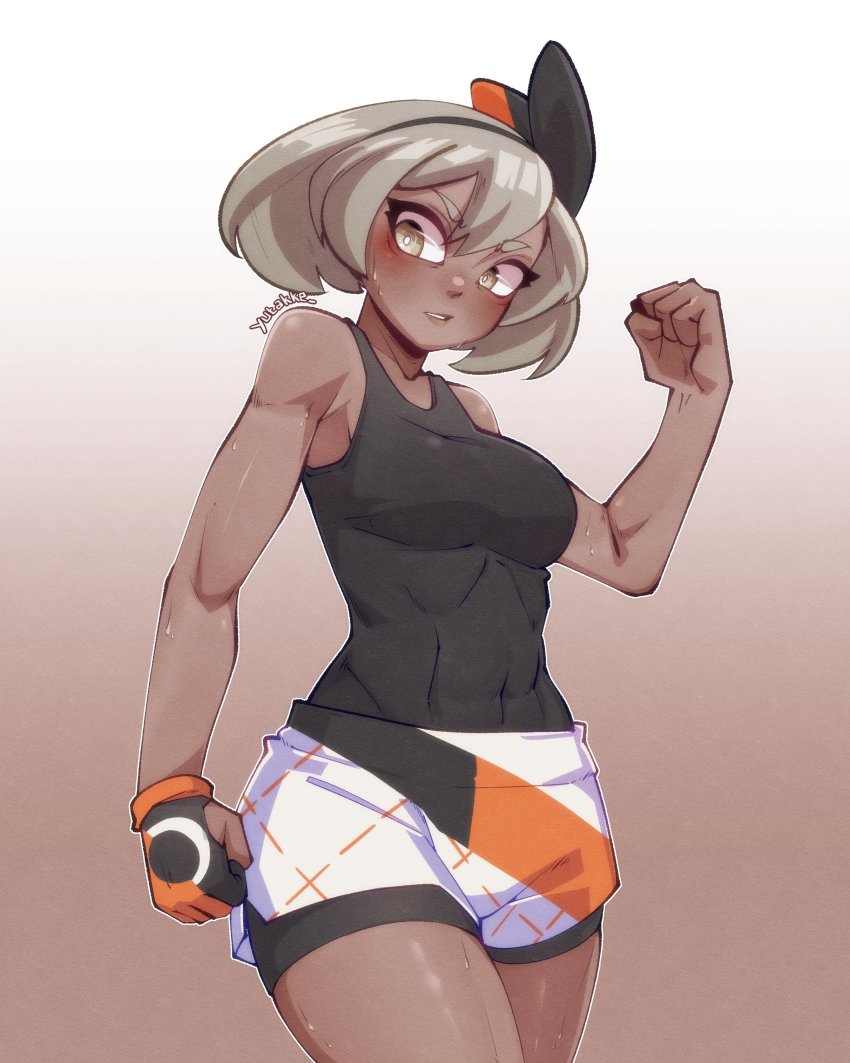 1girl absurdres bea_(pokemon) black_bodysuit black_hairband blonde_hair blush bodysuit bodysuit_under_clothes bow_hairband bright_pupils clenched_hands commentary covered_abs cowboy_shot creatures_(company) dark-skinned_female dark_skin eyelashes game_freak gloves hair_between_eyes hairband hand_up highres looking_down nintendo no_shirt parted_lips pokemon pokemon_swsh print_shorts shiny_skin short_hair shorts side_slit side_slit_shorts single_glove solo sweat white_pupils yellow_eyes yutakke