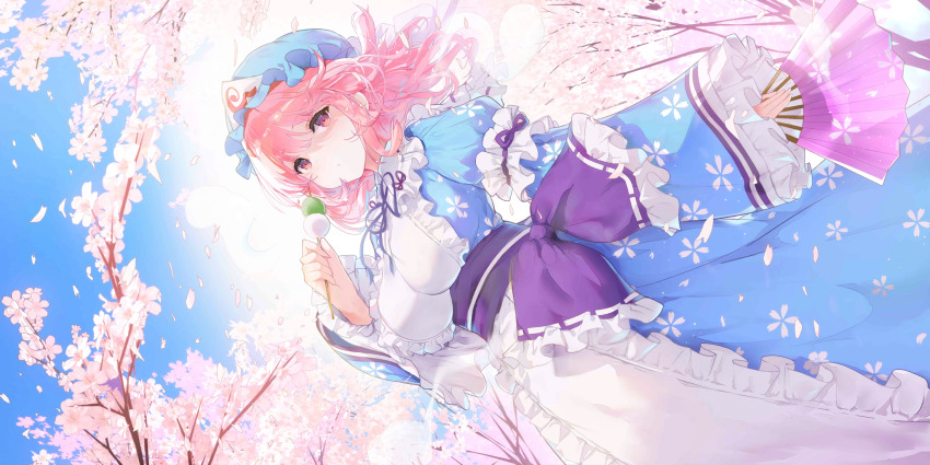 1girl blue_hat blue_kimono blue_sky breasts cherry_blossoms commentary dango day eating english_commentary falling_petals flower folding_fan food frilled_kimono frilled_sleeves frills game_cg hand_fan hat highres holding holding_fan holding_skewer japanese_clothes kimono large_breasts long_hair long_sleeves looking_at_viewer mob_cap neck_ribbon official_art outdoors petal_print petals pink_eyes pink_flower pink_hair pink_petals print_kimono ribbon saigyouji_yuyuko sanshoku_dango skewer sky sleeve_garter solo third-party_source touhou touhou_lostword triangular_headpiece wagashi wide_sleeves yaegashi_nan