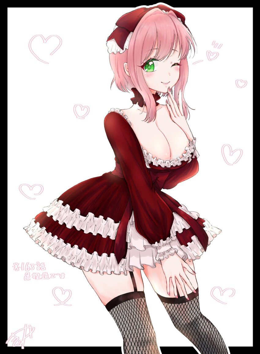 1girl black_border border bow breasts choker cleavage dress feet_out_of_frame finger_to_mouth fishnet_thighhighs fishnets frilled_choker frilled_dress frilled_sleeves frills green_eyes hair_bow hanazono_hakari heart highres kikka_1003 kimi_no_koto_ga_dai_dai_dai_dai_daisuki_na_100-nin_no_kanojo large_breasts light_blush one_eye_closed pink_hair pink_nails red_bow red_choker red_dress short_dress short_hair smile solo thighhighs white_headdress