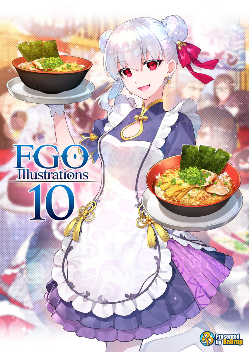 alternate_costume apron artist_logo blue_dress breasts bun_cover cleavage cleavage_cutout clothing_cutout double_bun dress dual_persona earrings english_text fate/grand_order fate_(series) food gloves gold_trim hair_bun hair_ribbon highres jewelry kama_(fate) logo long_hair looking_at_viewer noodles novum_chaldea open_mouth puffy_sleeves purple_dress ramen red_eyes redrop ribbon seaweed small_breasts smile type-moon waitress white_gloves white_hair