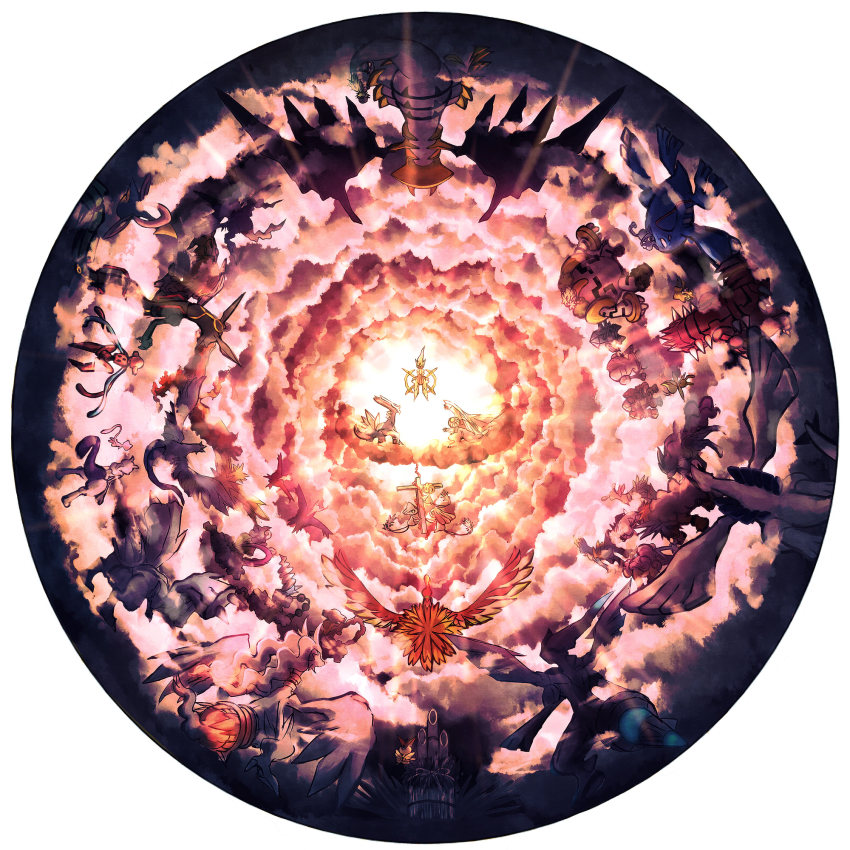 1boy alternate_form arceus articuno azelf bad_id bad_pixiv_id celebi cloud cobalion cresselia cross darkrai deoxys deoxys_(normal) dialga entei epic everyone fine_art_parody flying gen_1_pokemon gen_2_pokemon gen_3_pokemon gen_4_pokemon gen_5_pokemon giratina giratina_(altered) groudon heatran highres ho-oh jirachi kabocha_torute kyogre kyurem landorus landorus_(incarnate) latias latios legendary_pokemon light lugia manaphy mesprit mew_(pokemon) mewtwo moltres mythical_pokemon n_(pokemon) nintendo on_head palkia parody phione pokemon pokemon_(creature) pokemon_bw pokemon_dppt pokemon_gsc pokemon_on_head pokemon_rgby pokemon_rse raikou rayquaza regice regigigas regirock registeel reshiram shaymin shaymin_(land) suicune terrakion thundurus thundurus_(incarnate) tornadus tornadus_(incarnate) uxie victini virizion zapdos zekrom