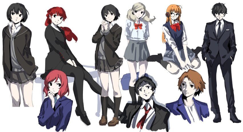 3girls 5girls adachi_tooru amamiya_ren black_hair black_jacket blonde_hair brown_hair character_request closed_mouth collared_shirt copyright_request crossover formal_clothes glasses hanamura_yousuke highres jacket long_hair long_sleeves looking_at_viewer love_live! love_live!_school_idol_project multiple_girls nakano_maru necktie nishikino_maki persona persona_4 persona_5 sakura_futaba school_uniform shirt short_hair simple_background smile suit takamaki_anne white_background white_shirt yoshizawa_kasumi